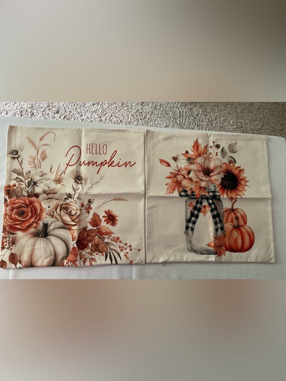Set of 2 Hello Pumpkin Floral Autumn Pillow Covers - Orange & Cream